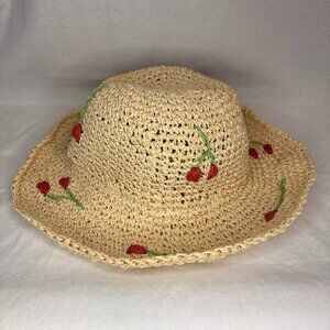 Vince Camuto Straw Sun Hat Tulip Embroidery Wide Brim One Size